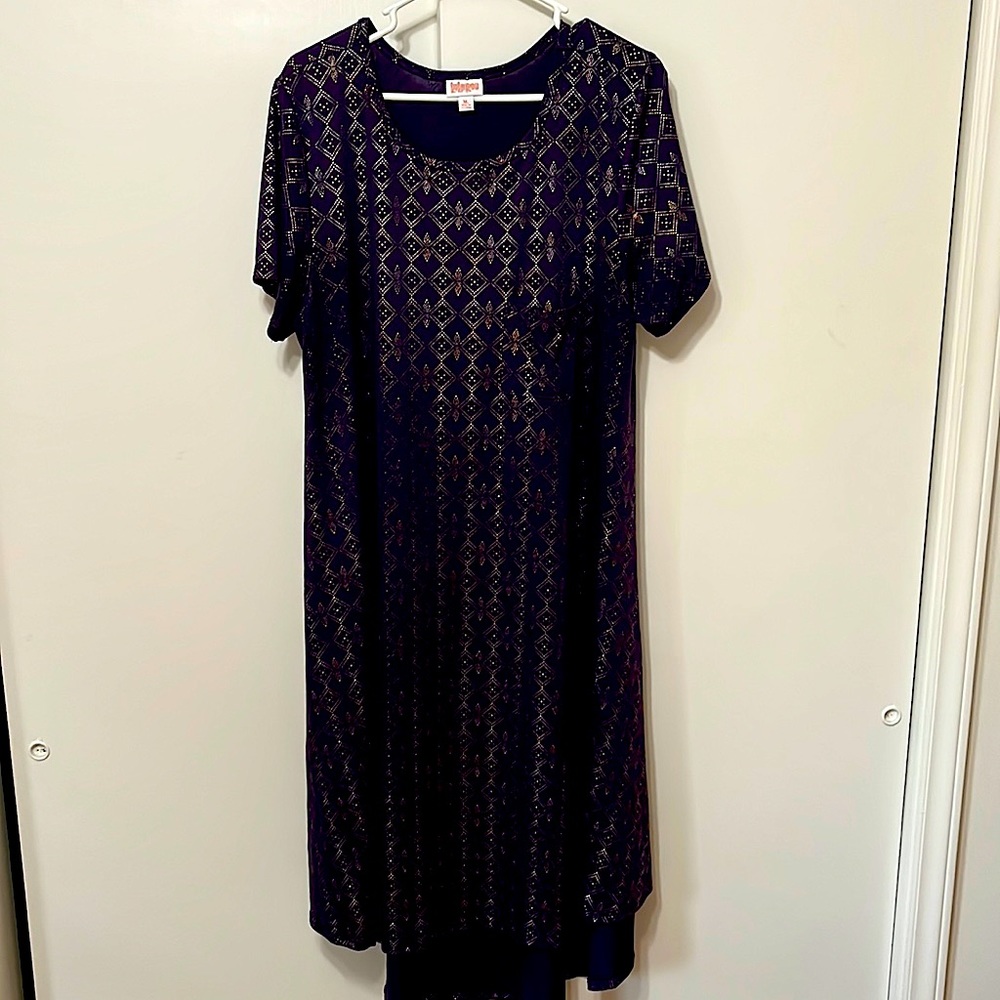 LuLaRoe Carly, XL,deep purple with gold and silver metallic pattern